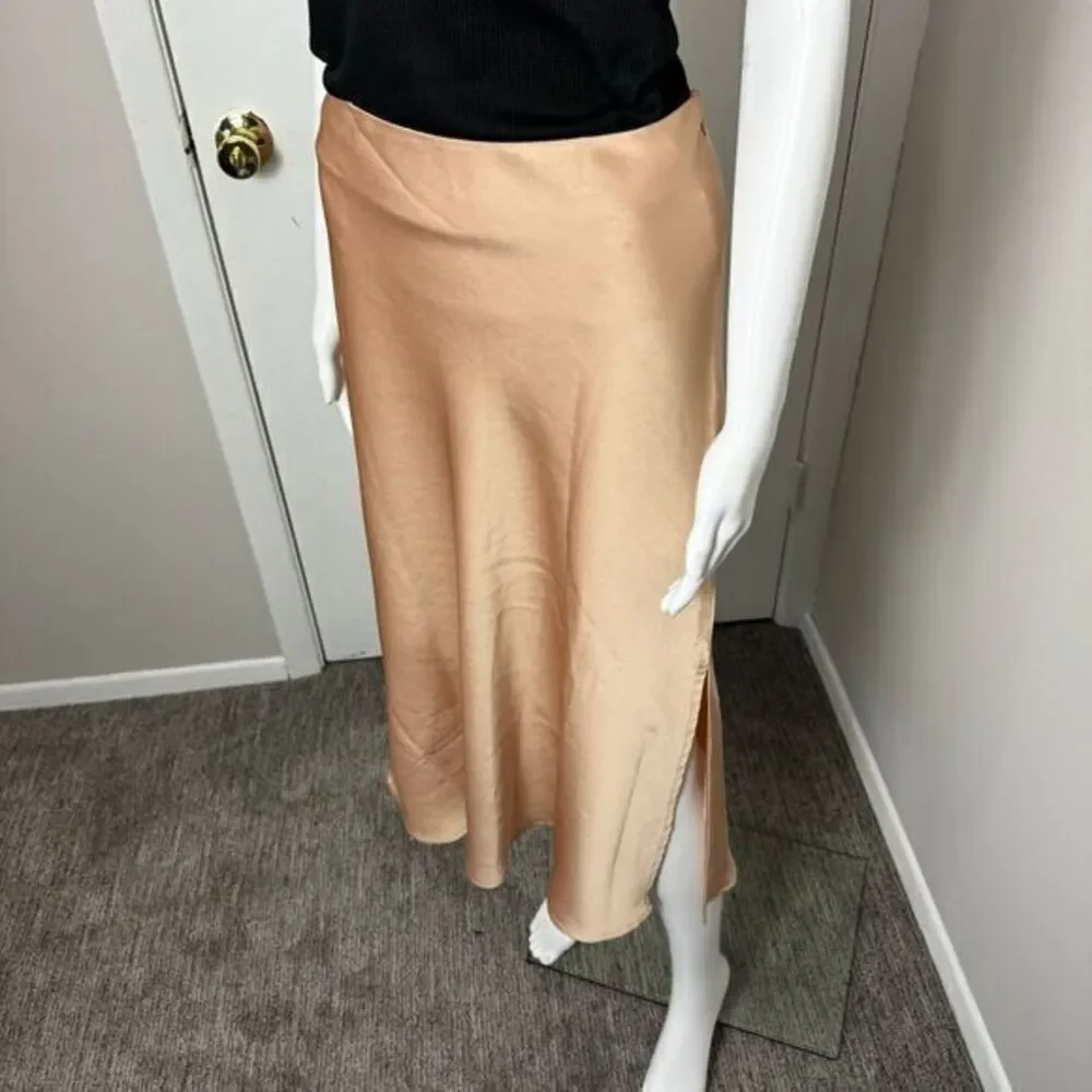 Commense Creamy Cappuccino Satin Midi Skirt with Side Slit Flowy A-Line Design L